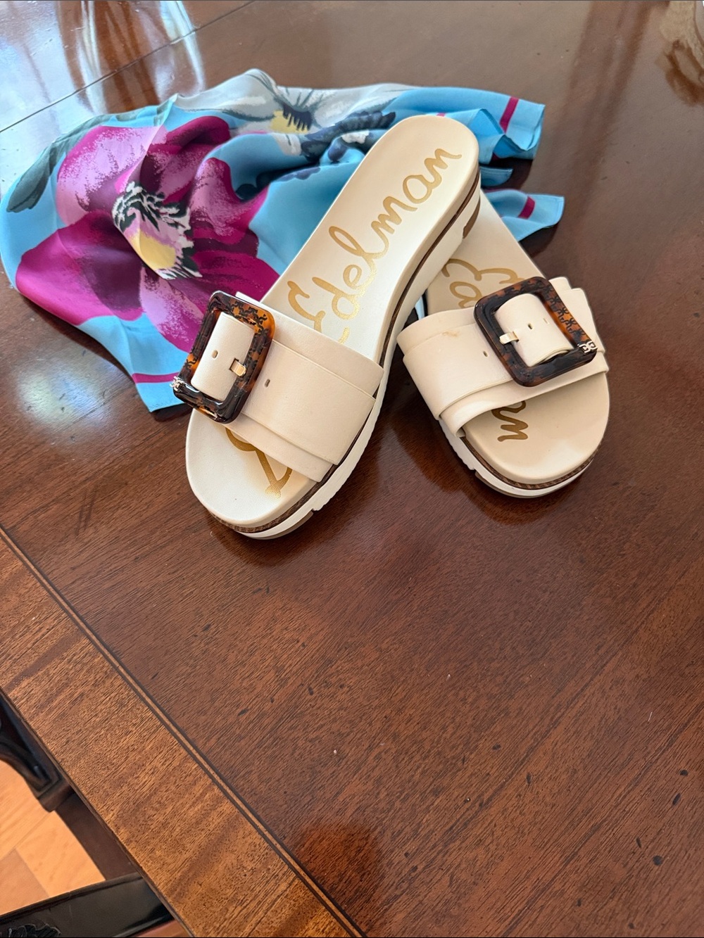 Sam Edelman Cream Slide Sandals with Tortoiseshell Buckles
